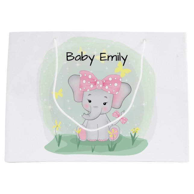  Cute baby elephant with a pink bow in a clearing  Large Gift Bag (Front)