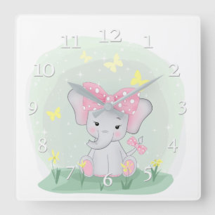 Cute baby elephant with a pink bow in a clearing Square Wall Clock