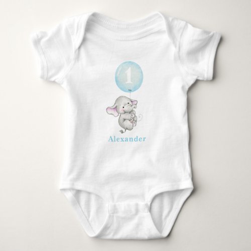 Cute Baby Elephant with Balloon 1st Birthday Baby  Baby Bodysuit