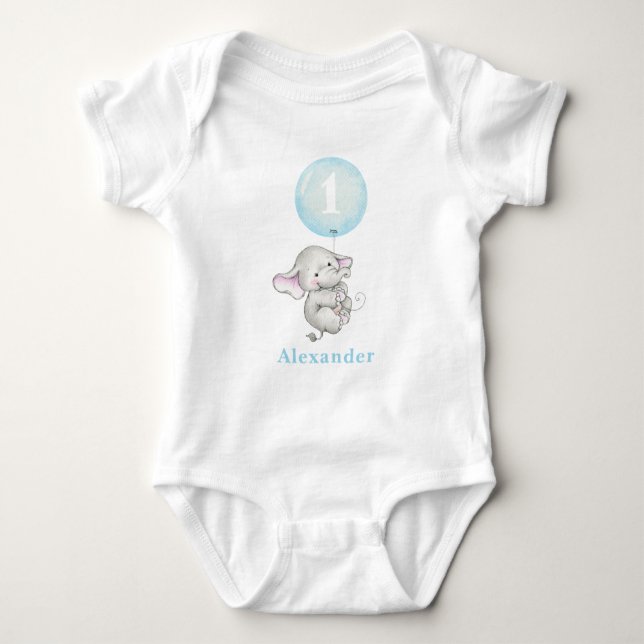 Cute Baby Elephant with Balloon 1st Birthday Baby  Baby Bodysuit (Front)