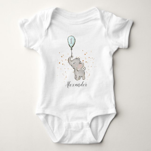 Cute Baby Elephant with Balloon 1st Birthday Baby Bodysuit (Front)