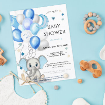 Cute Baby Elephant With Balloons Baby Boy Shower Invitation Postcard by LifeInColorStudio at Zazzle