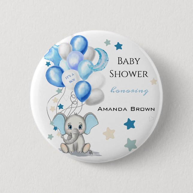 Cute Baby Elephant with Balloons Boy Baby Shower Button (Front)