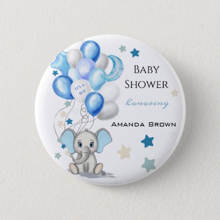 Cute Baby Elephant With Balloons Boy Baby Shower Button