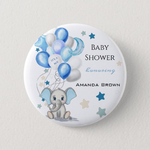 Cute Baby Elephant with Balloons Boy Baby Shower Button