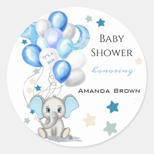 Cute Baby Elephant with Balloons Boy Baby Shower Classic Round Sticker