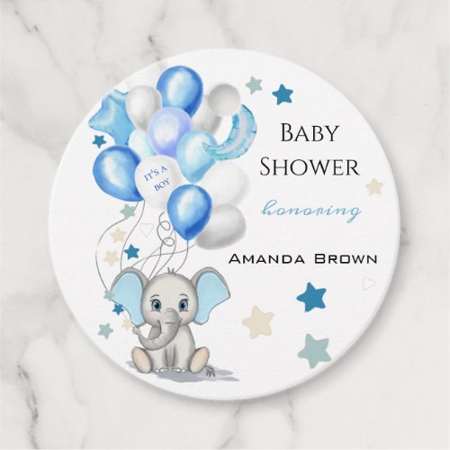 Cute Baby Elephant with Balloons Boy Baby Shower Favor Tags