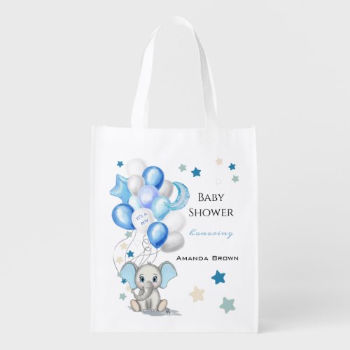 Cute Baby Elephant with Balloons Boy Baby Shower Grocery Bag