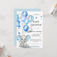 Cute Baby Elephant with Balloons Boy Baby Shower Invitation