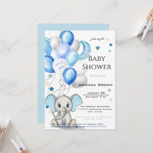 Cute Baby Elephant with Balloons Boy Baby Shower Invitation
