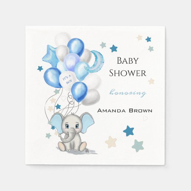 Cute Baby Elephant with Balloons Boy Baby Shower Napkins (Front)
