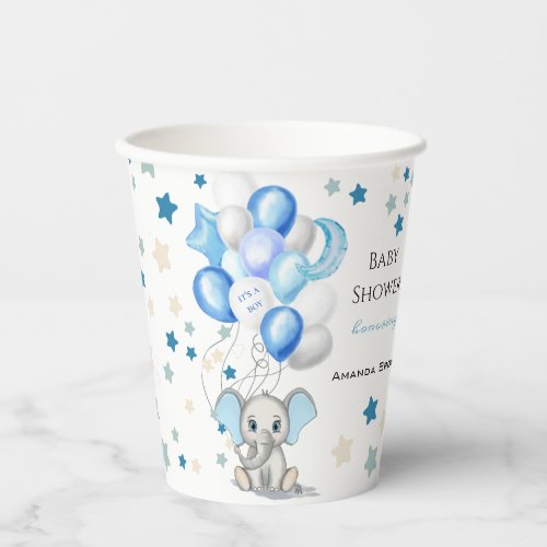 Cute Baby Elephant with Balloons Boy Baby Shower Paper Cups