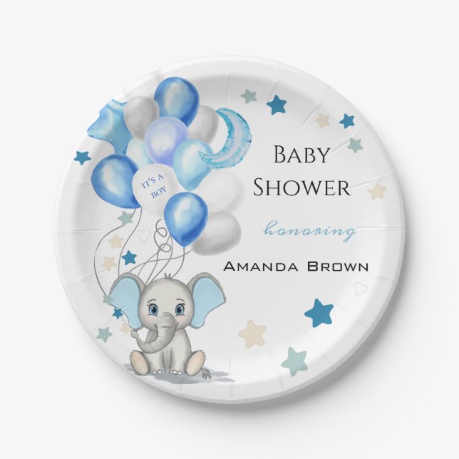Cute Baby Elephant with Balloons Boy Baby Shower Paper Plates (Front)