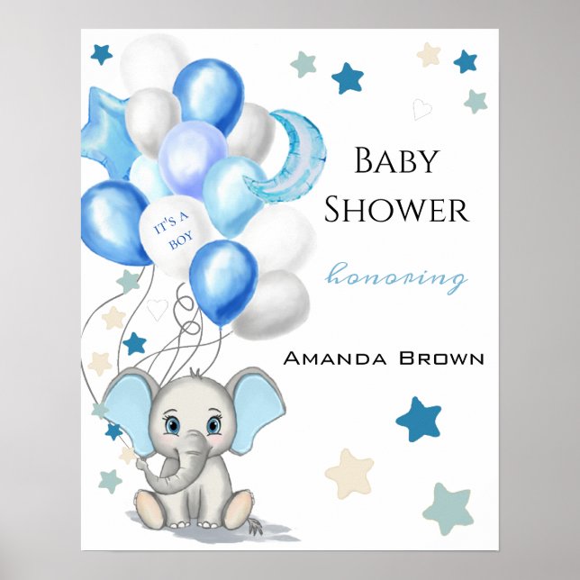Cute Baby Elephant with Balloons Boy Baby Shower Poster (Front)