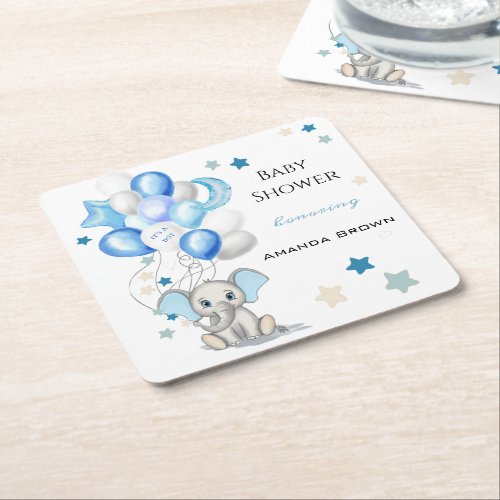 Cute Baby Elephant with Balloons Boy Baby Shower Square Paper Coaster