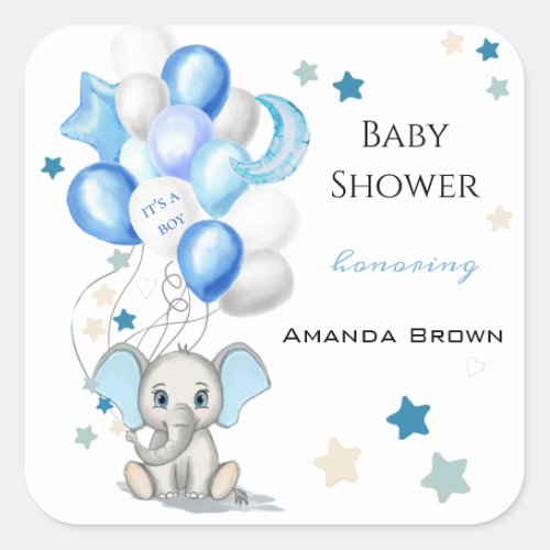 Cute Baby Elephant with Balloons Boy Baby Shower Square Sticker