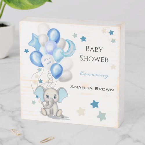 Cute Baby Elephant with Balloons Boy Baby Shower Wooden Box Sign