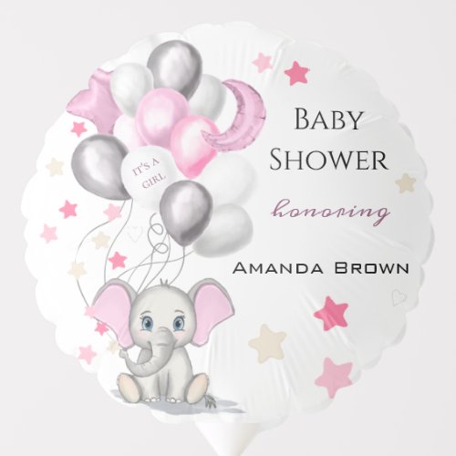 Cute Baby Elephant with Balloons Girl Baby Shower