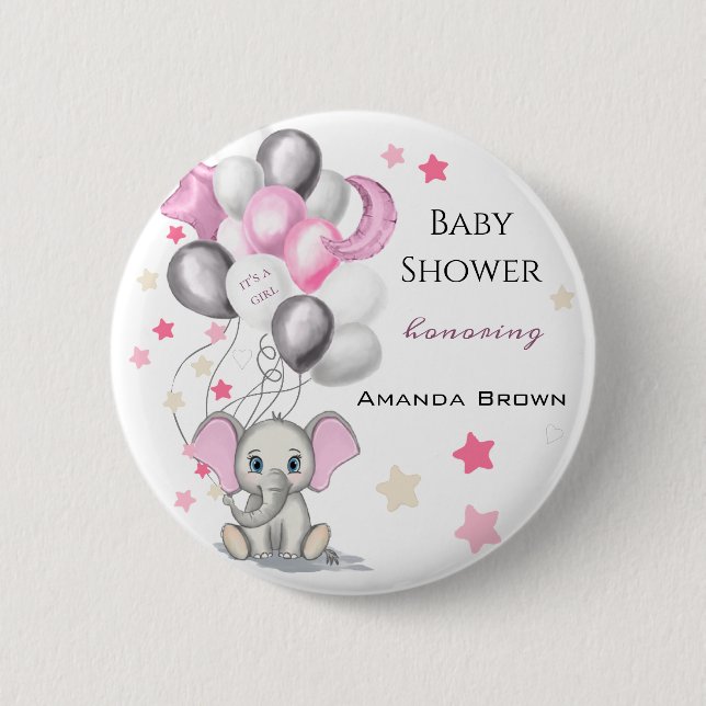 Cute Baby Elephant with Balloons Girl Baby Shower Button (Front)