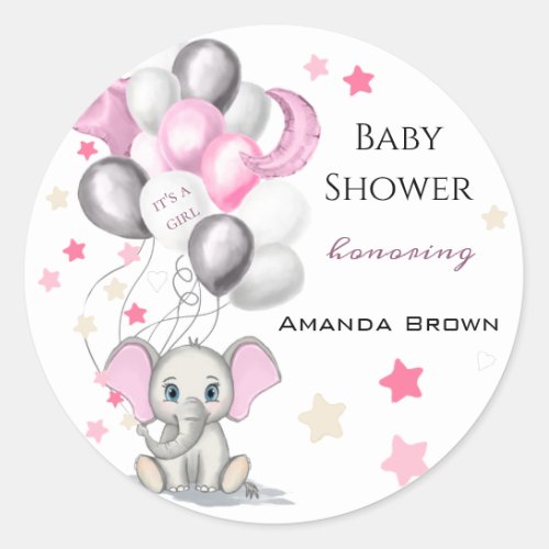 Cute Baby Elephant with Balloons Girl Baby Shower Classic Round Sticker