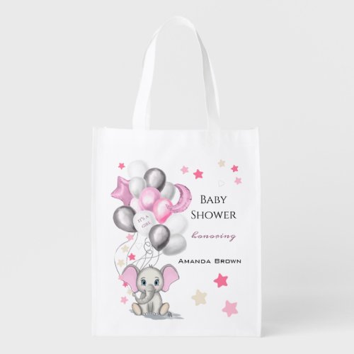 Cute Baby Elephant with Balloons Girl Baby Shower Grocery Bag