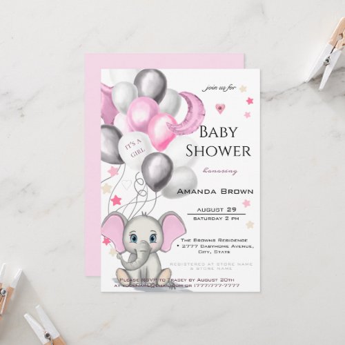 Cute Baby Elephant with Balloons Girl Baby Shower Invitation