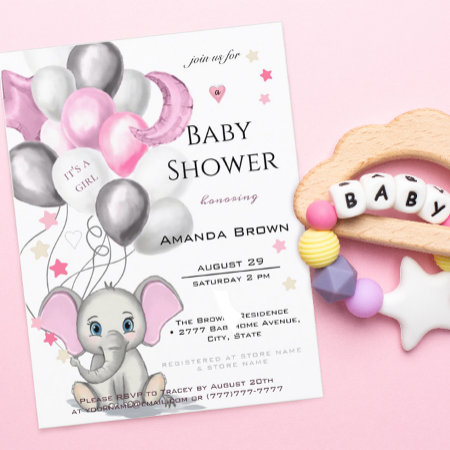 Cute Baby Elephant With Balloons Girl Baby Shower Invitation Postcard