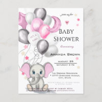 Cute Baby Elephant with Balloons Girl Baby Shower Invitation Postcard