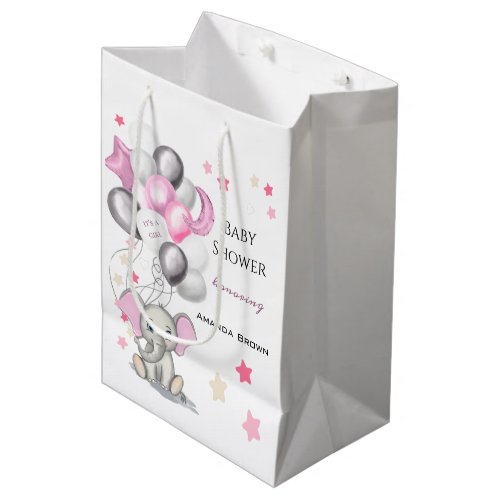 Cute Baby Elephant with Balloons Girl Baby Shower Medium Gift Bag