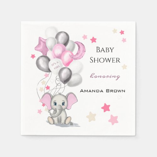 Cute Baby Elephant with Balloons Girl Baby Shower Napkins