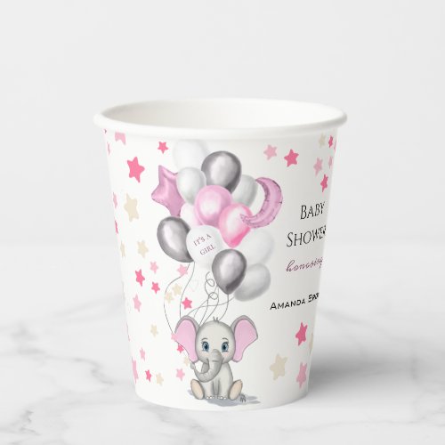 Cute Baby Elephant with Balloons Girl Baby Shower Paper Cups