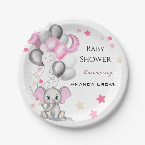 Cute Baby Elephant with Balloons Girl Baby Shower Paper Plates