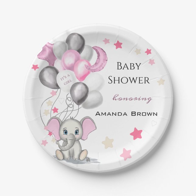Cute Baby Elephant with Balloons Girl Baby Shower Paper Plates (Front)