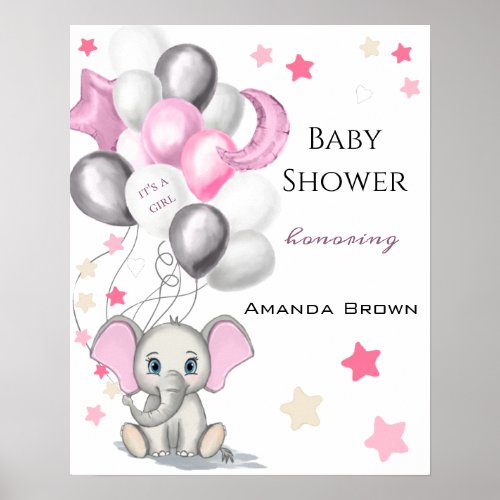 Cute Baby Elephant with Balloons Girl Baby Shower Poster