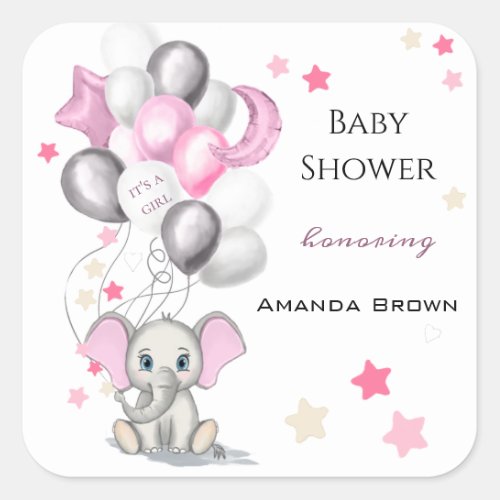 Cute Baby Elephant with Balloons Girl Baby Shower Square Sticker