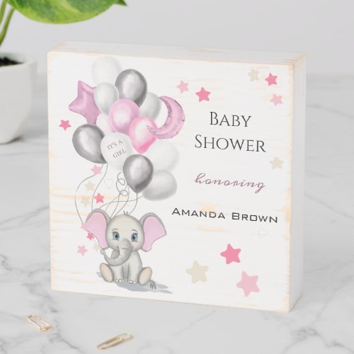 Cute Baby Elephant with Balloons Girl Baby Shower Wooden Box Sign