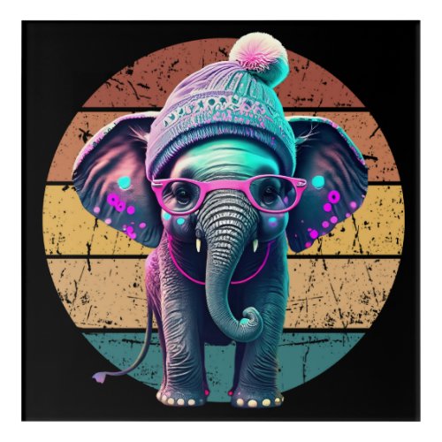 Cute Baby Elephant with Beanie and Pink Glasses Acrylic Print
