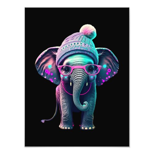 Cute Baby Elephant with Beanie and Pink Glasses Photo Print