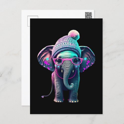 Cute Baby Elephant with Beanie and Pink Glasses Postcard