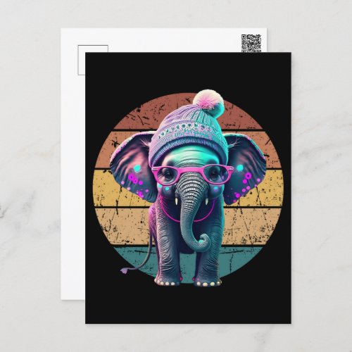 Cute Baby Elephant with Beanie and Pink Glasses Postcard