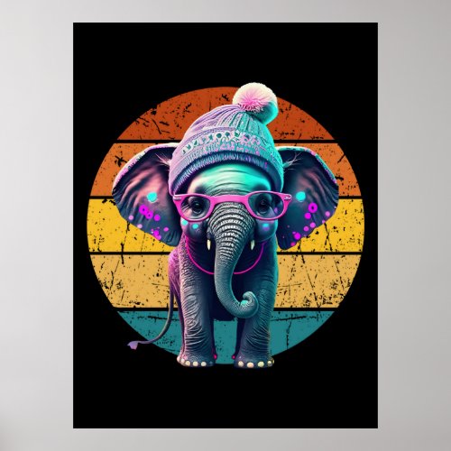 Cute Baby Elephant with Beanie and Pink Glasses Poster