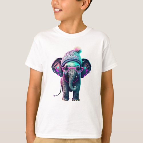 Cute Baby Elephant with Beanie and Pink Glasses T_Shirt