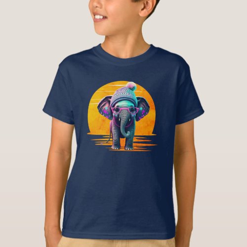 Cute Baby Elephant with Beanie and Pink Glasses T_Shirt