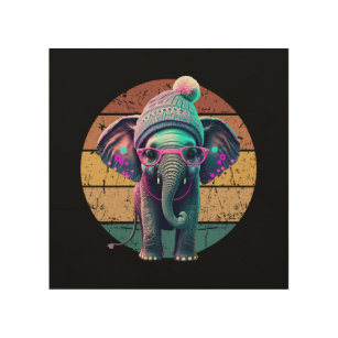 Cute Baby Elephant with Beanie and Pink Glasses Wood Wall Art