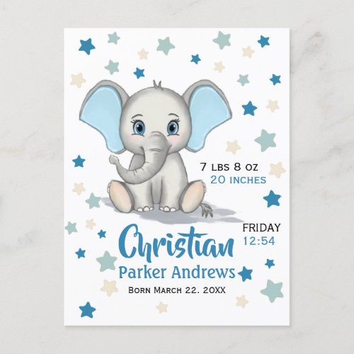 Cute Baby Elephant with Blue Ears Boy Birth Stats Announcement Postcard