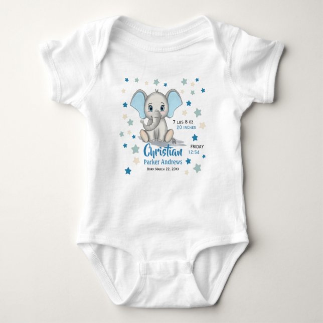 Cute Baby Elephant with Blue Ears Boy Birth Stats Baby Bodysuit (Front)