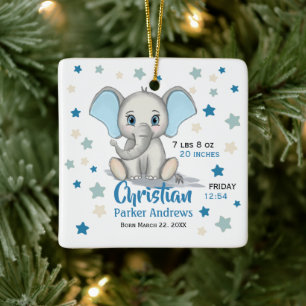 Cute Baby Elephant with Blue Ears Boy Birth Stats Ceramic Ornament
