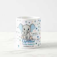 Cute Baby Elephant with Blue Ears Boy Birth Stats Coffee Mug