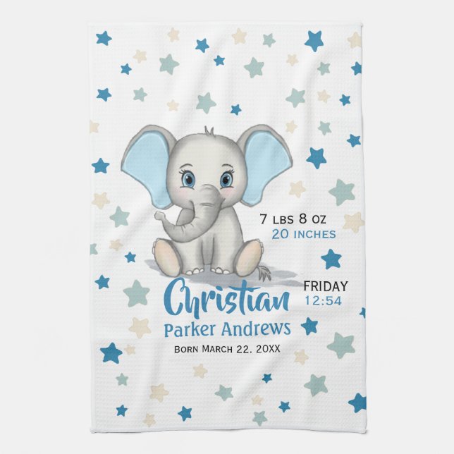 Cute Baby Elephant with Blue Ears Boy Birth Stats Kitchen Towel (Vertical)