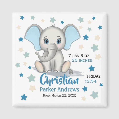 Cute Baby Elephant with Blue Ears Boy Birth Stats Magnet